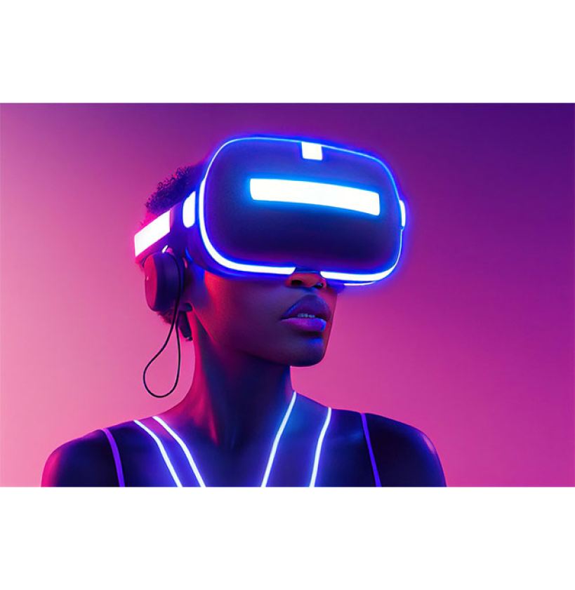 Woman wearing a glow in the dark vr headset
