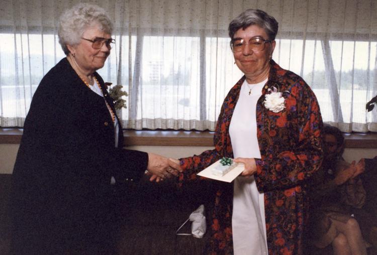 MDW congratulating Sheila Stanton on her retirement 1990