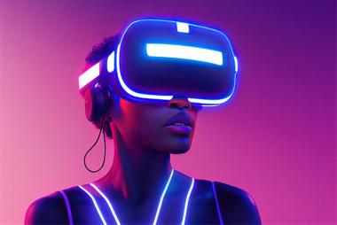 Woman in glowing VR headset