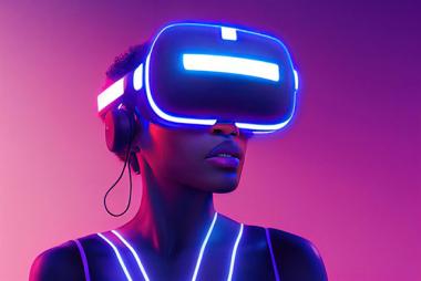 Futuristic Woman in VR headset against purple and pink glowing background