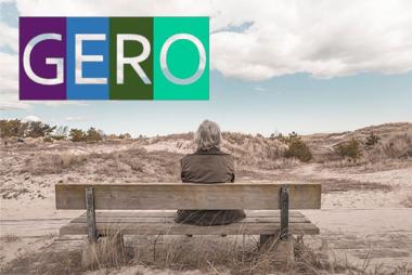 Gero Logo over grey-haired person sitting on a bench