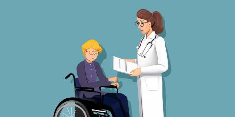 Drawing: A patient in a wheelchair receives files from their doctor