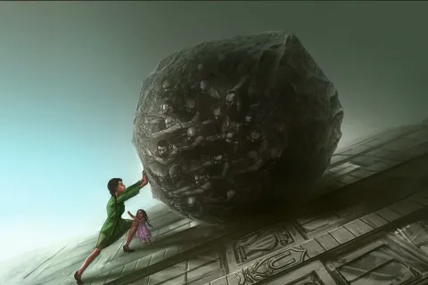 Woman rolls heavy stone up the side of the ivory tower while child begs for attention.