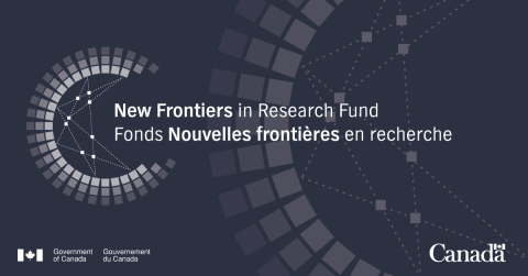 Graphic - small boxes arranged in semi-circles radiating outward in 3 shades of blue around intersecting dotted lines - New Frontiers in Research Fund - Government of Canada logo