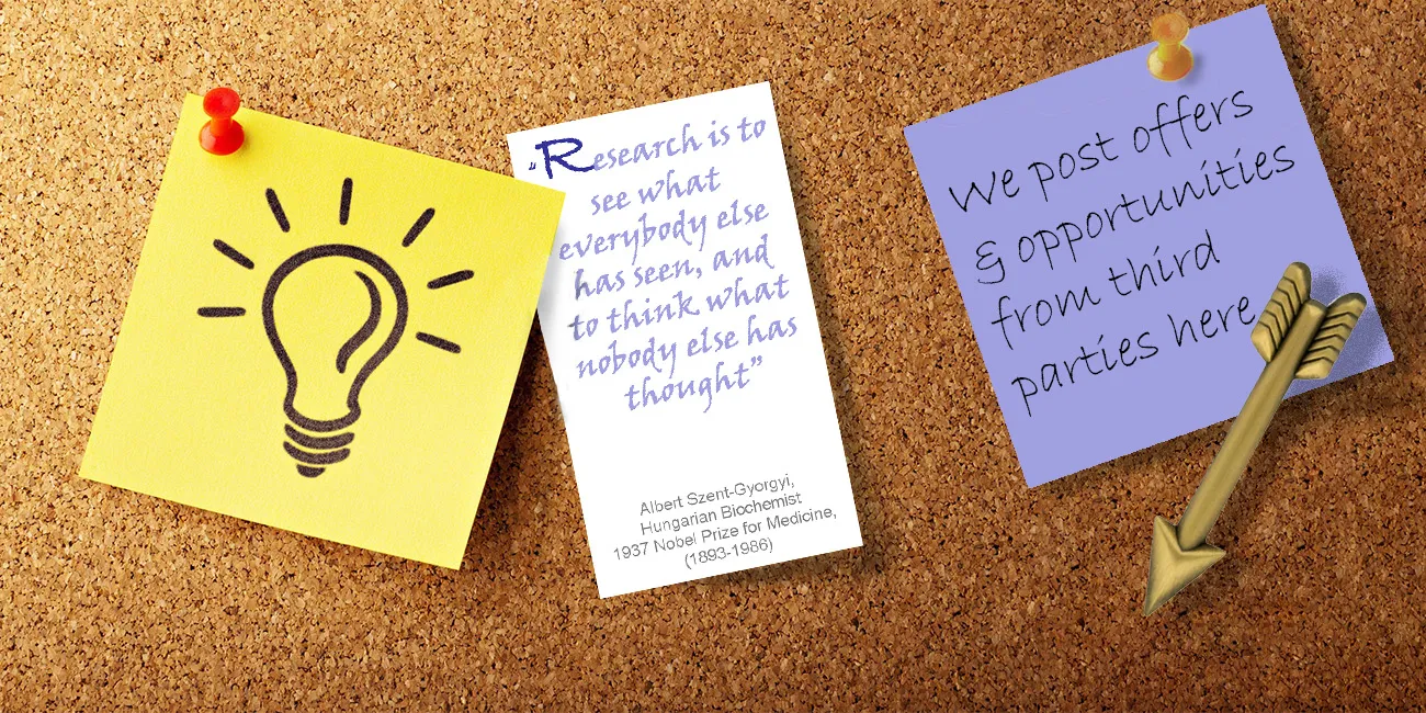 bulletin board with post-it note that says "We post offers & opportunities from third parties here