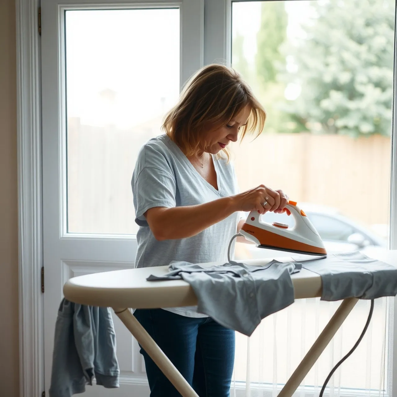 Woman irons blue shirts on ironing board in front of window